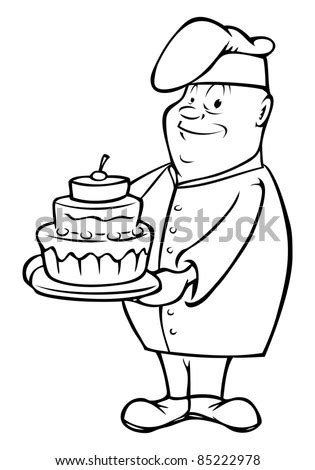 Cartooning will require a layer of flat colors that the end result is a finished picture of a cartoon chef drawing that is ready to be printed out in a hard copy or can be sent out digitally to anyone. Cartoon Outline Vector Illustration Of A Chef Holding A Cake - 85222978 : Shutterstock