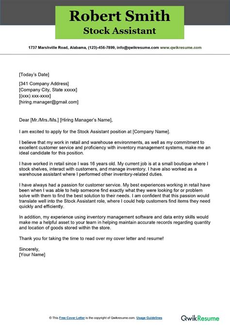 Stock Assistant Cover Letter Examples Qwikresume