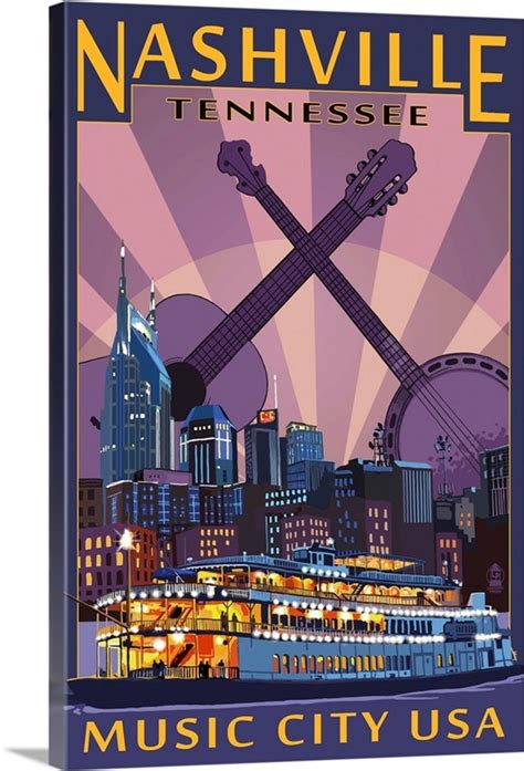 Nashville Tennessee Skyline At Night Retro Travel Poster Wall Art