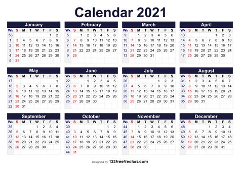 Monthly Calendar By Week Number 2021 Monthly