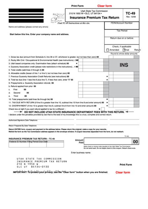 Insurance premium tax by state. Fillable Form Tc-49 - Insurance Premium Tax Return - 2009 printable pdf download