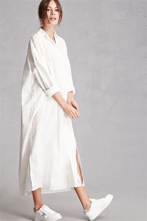 This Longline Cotton Woven Shirt Dress Features An Oversized Silhouette