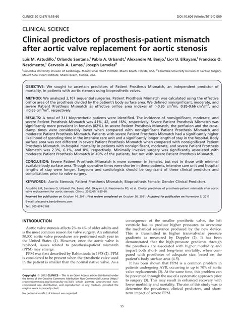 Pdf Clinical Predictors Of Prosthetic Patient Mismatch After Aortic