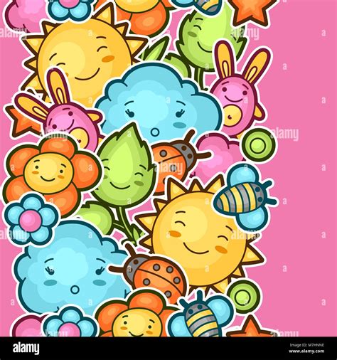 Seamless Kawaii Child Pattern With Cute Doodles Spring Collection Of
