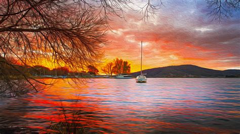 Boat On Lake Oil On Canvas 4k Ultra Hd Wallpaper Background Image