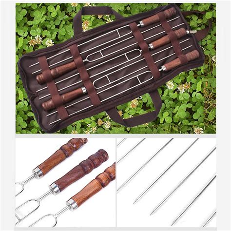 5 Pcsset Bbq Forks Stainless Steel Wood Handle Meat Skewer Tool For