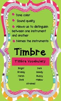 Timbre can distinguish several sound productions, such as choir voices, musical instruments, string instruments, wind instruments, and percussion instruments. Elements of Music -Timbre Poster (color) by LaughLearnLead | TpT