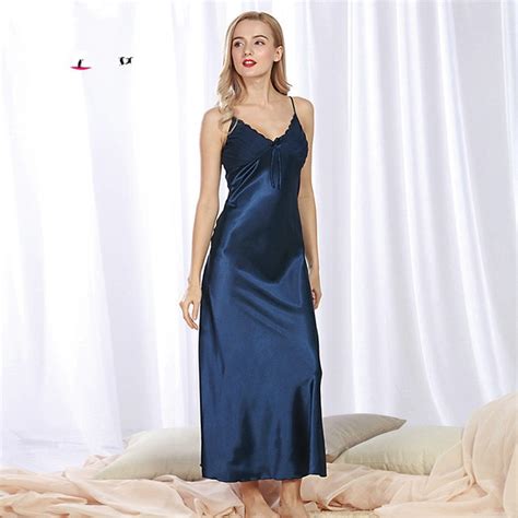 Sexy Elegant Vintage Long Black Blue Silk Satin Nightgowns Women Night