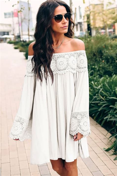 White Lace Crochet Flare Sleeve Off Shoulder Casual Shift Dress 060400