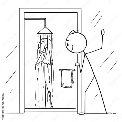 Vector Cartoon Of Curious Man Or Voyeur Watching Naked Woman Taking