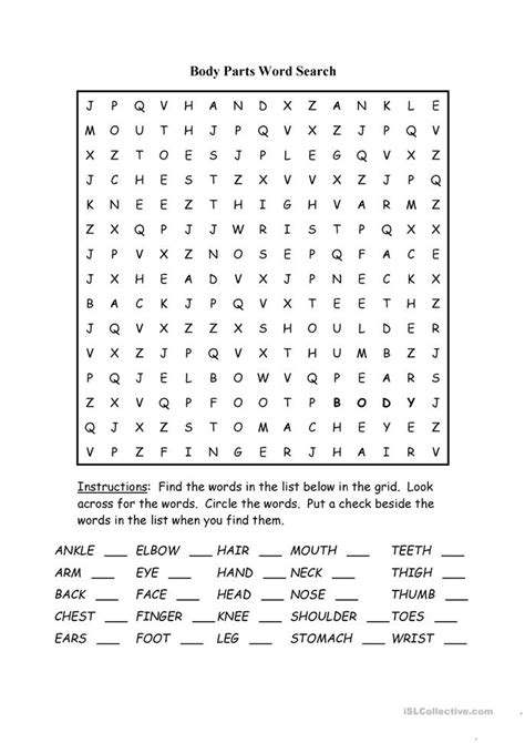 Body Parts Word Search Puzzle Worksheet Free Esl