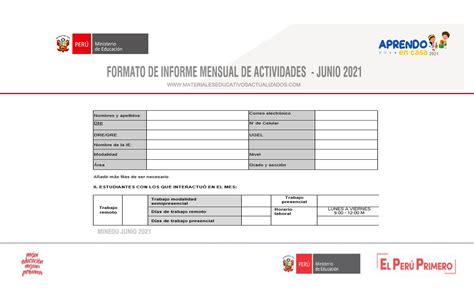 Formato de Informe Mensual de Actividades Mes de Junio 2021 - Editable ...