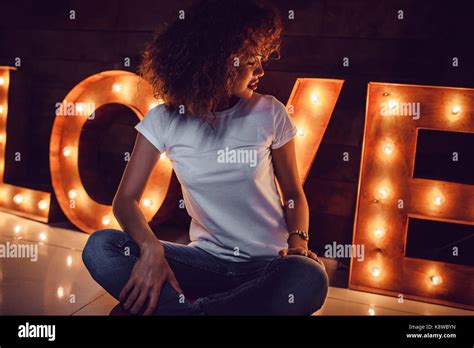 Curly Haired Girl With Freckles In Blank White T Shirt Mock Up Stock