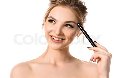 Smiling Naked Beautiful Blonde Woman With Makeup And Black Nails