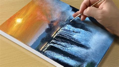 Sunset Waterfall Painting Acrylic Painting For Beginners Step By