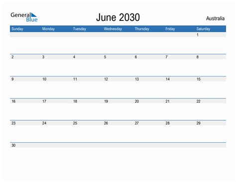 Editable June 2030 Calendar With Australia Holidays