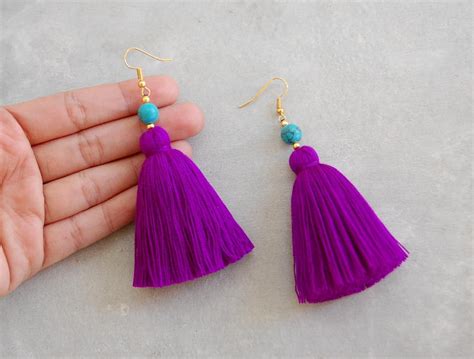 Handmade Purple Tassel Earrings With Turquoise Beads Etsy