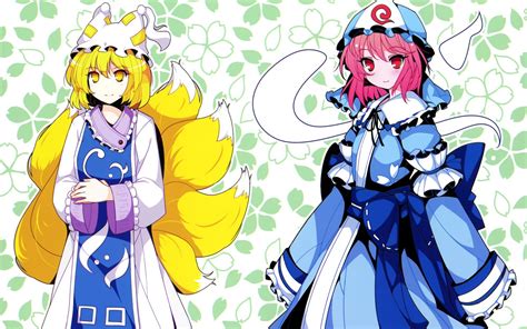 Blondes Tails Video Games Touhou Dress Ghosts Pink Hair Animal Ears Red Eyes Short Hair Yellow
