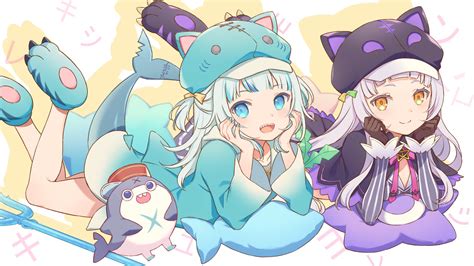 Safebooru 2girls Animal Ears Black Gloves Bloop Gawr Gura Blue Eyes