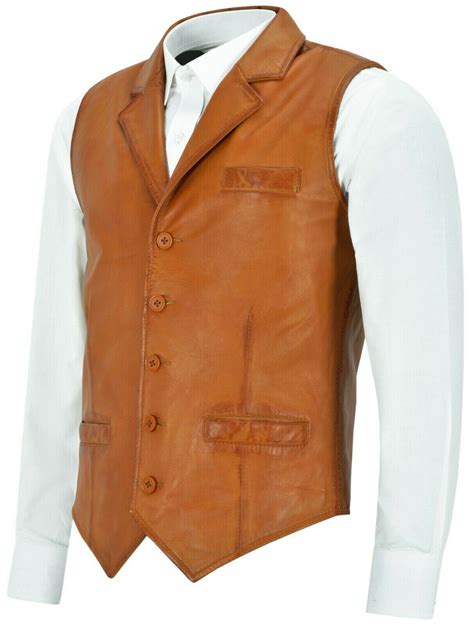 Mens Tan Lambskin Leather Waistcoat Western Style Cowboy Gilet Vest