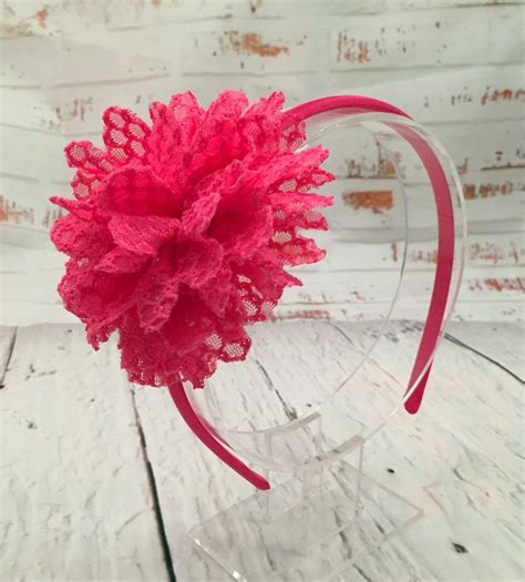 Hot Pink Lace Headband Scalloped Lace Flower Vintage Chiffon Hard