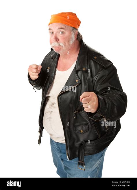 Fat Gang Member With Leather Jacket Ready To Rumble Stock Photo Alamy