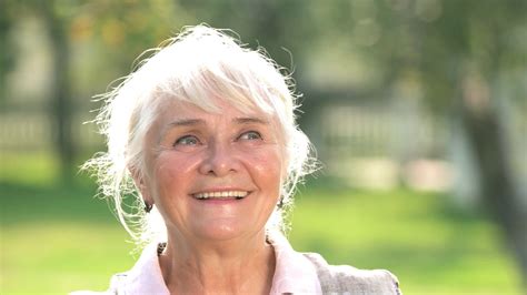 Thoughtful Old Woman Smiling Lady Touching Her Hair Positive Thinking