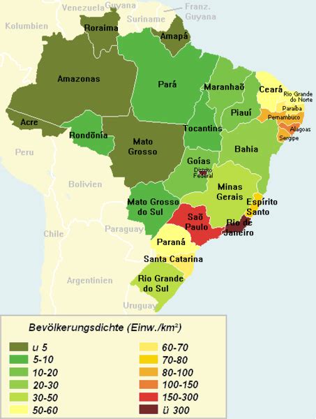 Karte von brasilien mit der hauptstadt brasília. Landkarte Brasilien (Karte Bevölkerungsdichte) : Weltkarte ...