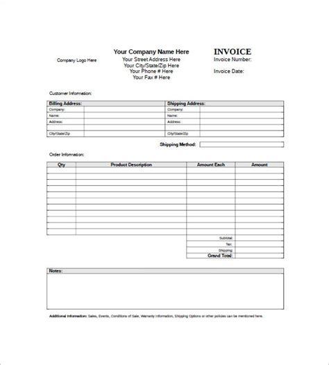 Standard Invoice Templates DOC PDF