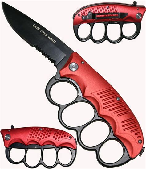 Trench Extreme Knuckles Folder Knife Serrated Red