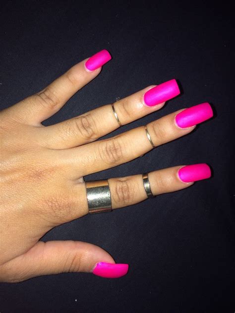 Square Acrylic Nails Bright Pink Summer Color With Matte