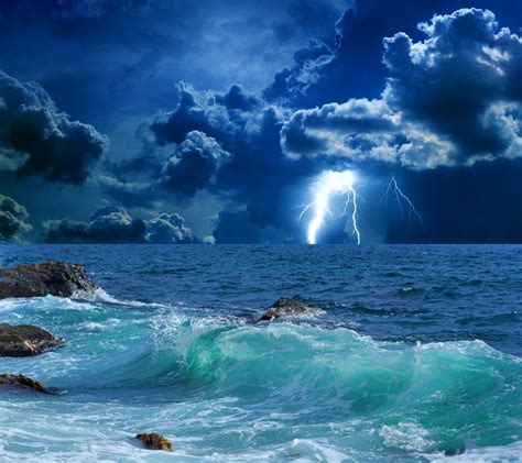 Storm Lightning Clouds Ocean Waves Nature Photos Cantik