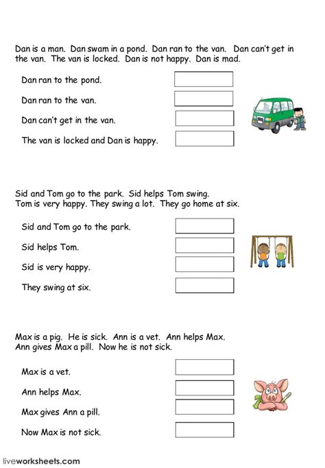 Each reading passage has a practice focusing on recalling information from text, prediction, and inference. Easy Reading Comprehension worksheet