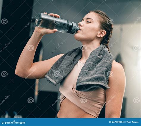 Fitness Health Gym And Woman Drinking Water For Sports Thirst