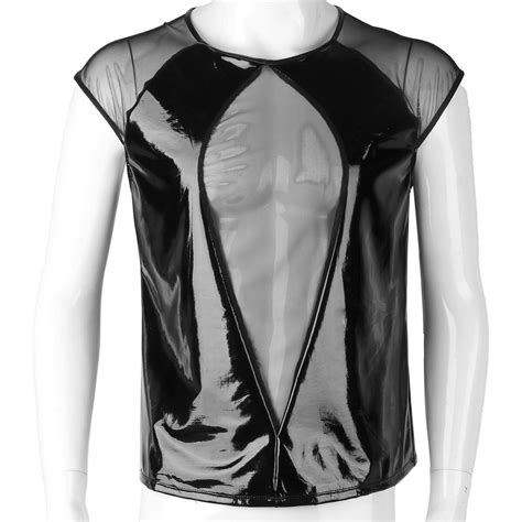 Pvc Mens Patent Leather Long Sleeve Zipper T Shirt Top Clubwear Tank