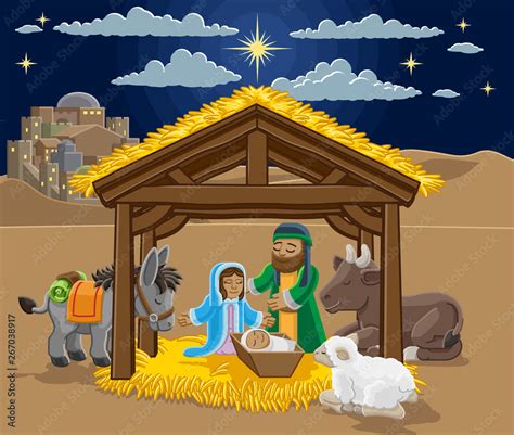 A Christmas Nativity Scene Cartoon With Baby Jesus Mary And Joseph In