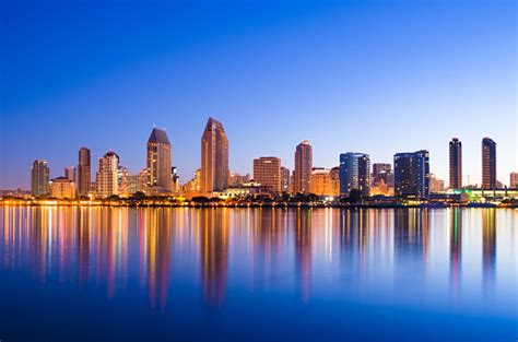 San Diego Skyline At Dawn With San Diego Bay Reflections Stock Photo