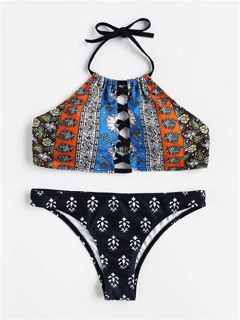 Shop Tribal Print Criss Cross Bikini Set Online Shein Offers Tribal