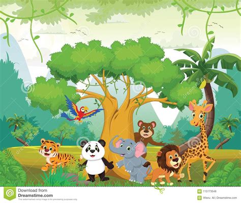 Illustration Of Happy Animal In The Jungle Stock Vector - Illustration of cute, grass: 115173548