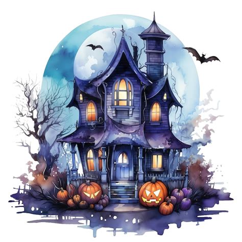 Premium Ai Image Halloween Haunted House Spooky Watercolor
