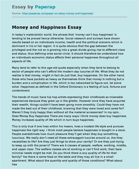 Money And Happiness Free Essay Example
