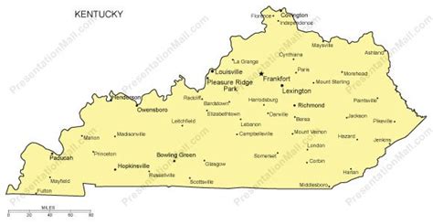 Kentucky Outline Map With Capitals And Major Cities Digital Vector