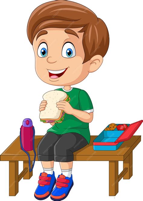 niño de la escuela de dibujos animados comiendo pan vector premium