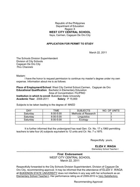 Letter of intent (aka cover letter). deped permit to study