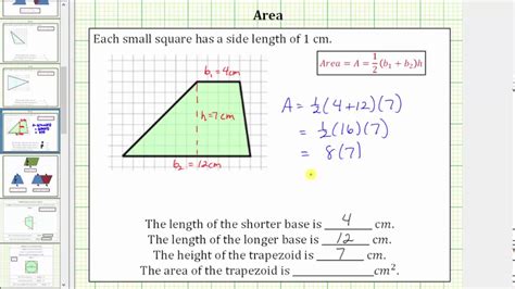 In this video we will take an example trapezoid and demonstrate how you can calculate the (a) side of trapezoid. Determine the Area of a Trapezoid on a Grid - YouTube