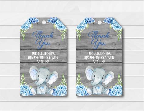 Click here to view the matching free printable games and activities. Blue Elephant Baby Shower Favor Tags Elephant Printable ...