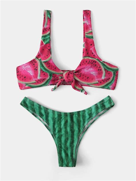 Pink And Green Watermelon Print Cami Top Swimsuit High Leg Bikini Bottom