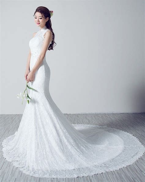 custom made white lace belted qipao cheongsam wedding gown with train cheongsam wedding