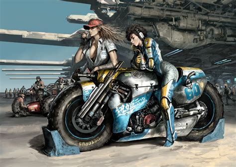 Battle Ready Picture 2d Illustration Girls Sci Fi Bike Motorsport