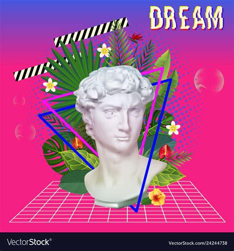 vaporwave statue with flowers and leaves 3d vector image